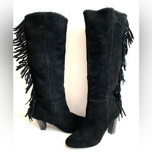 Cosmopolitan Knee High Black Suede Leather Fringe Tassel  Boots ~ size 8